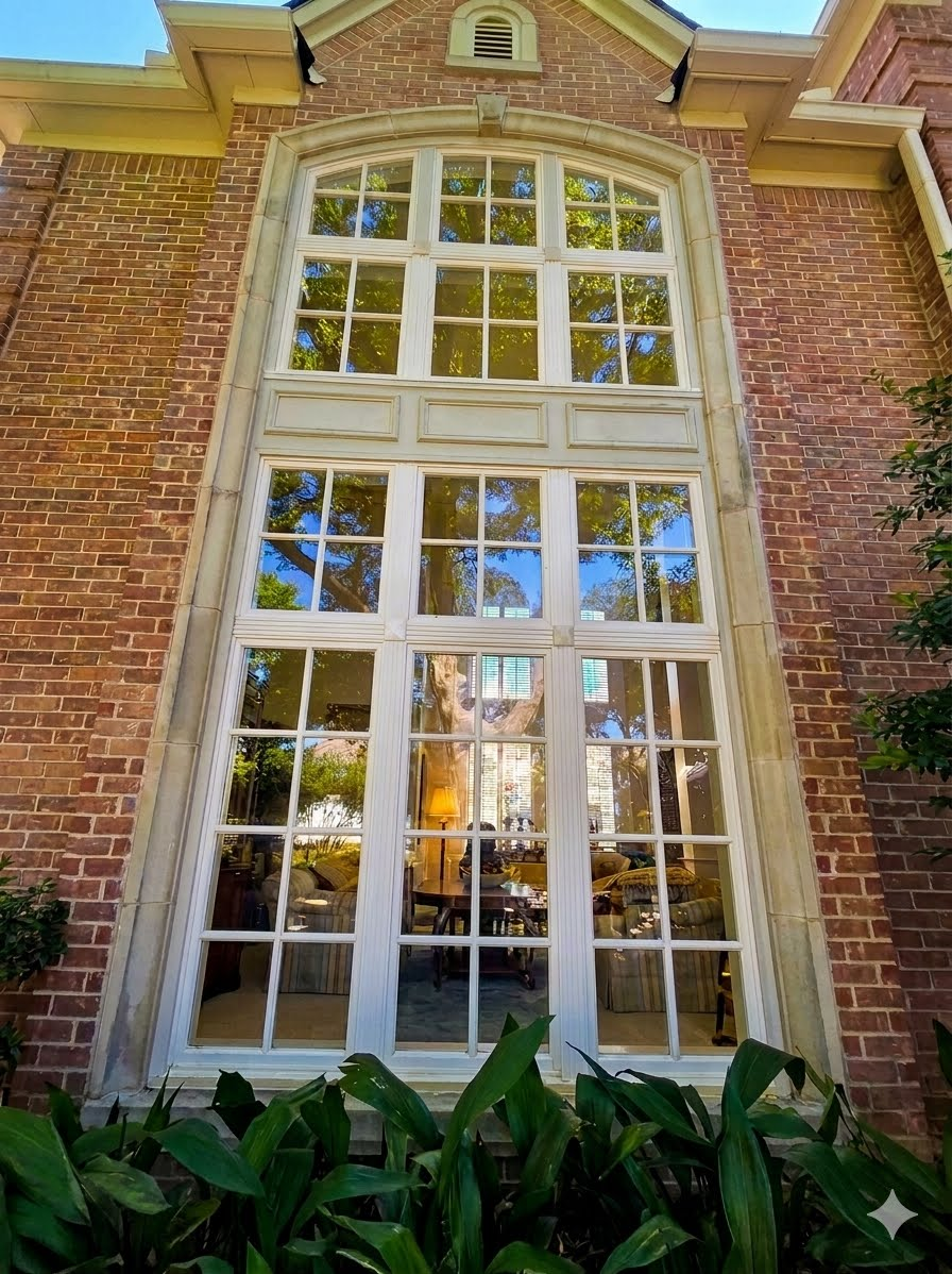 Large custom wood window with divided lite grid in a brick home
