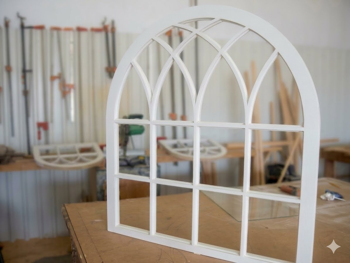 Custom arched wood window frame crafted in the Horridge Window and Glass workshop